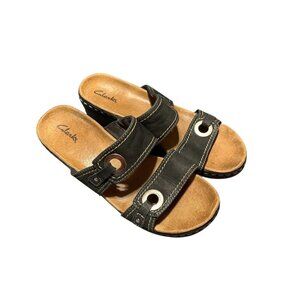Clarks Womens Black Slide Sandals With Double Straps & Metal Accents Size 9M
